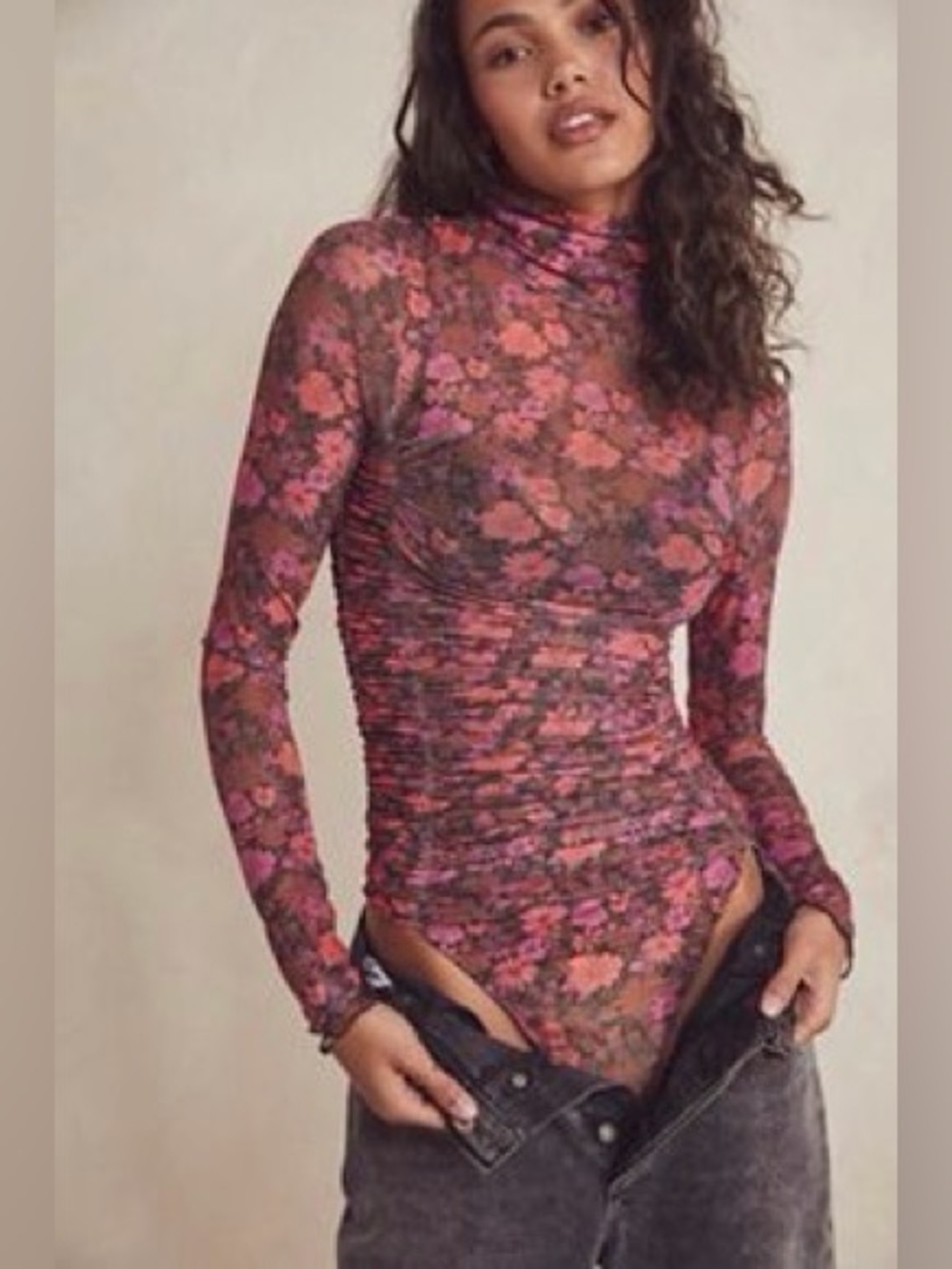 Free People Under It All Ruched Mesh Bodysuit Black Combo Floral XS